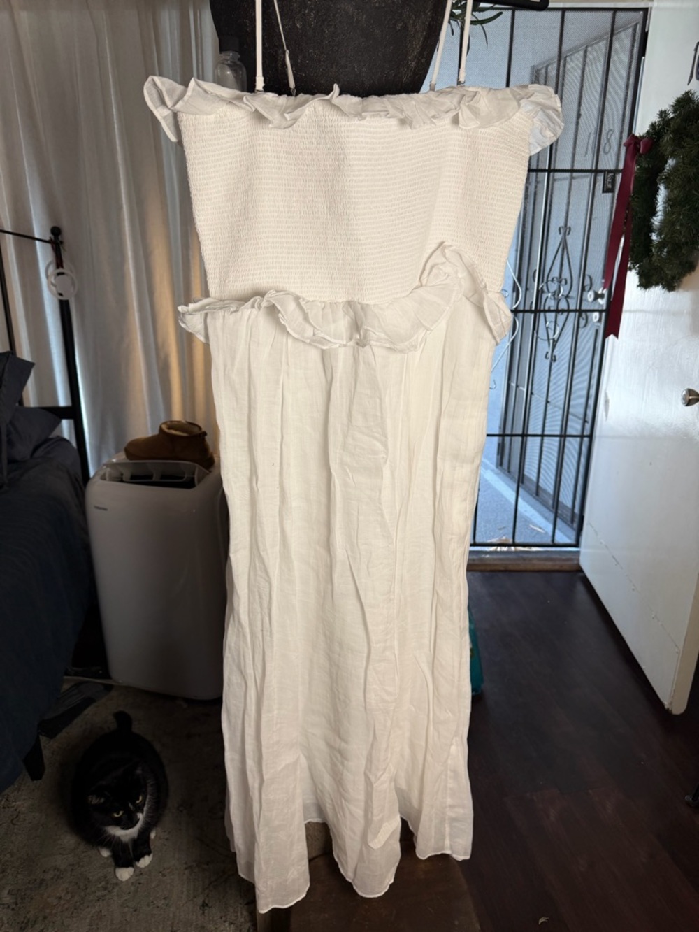 White JCREW Smocked Ruffle Strapless Maxi Dress